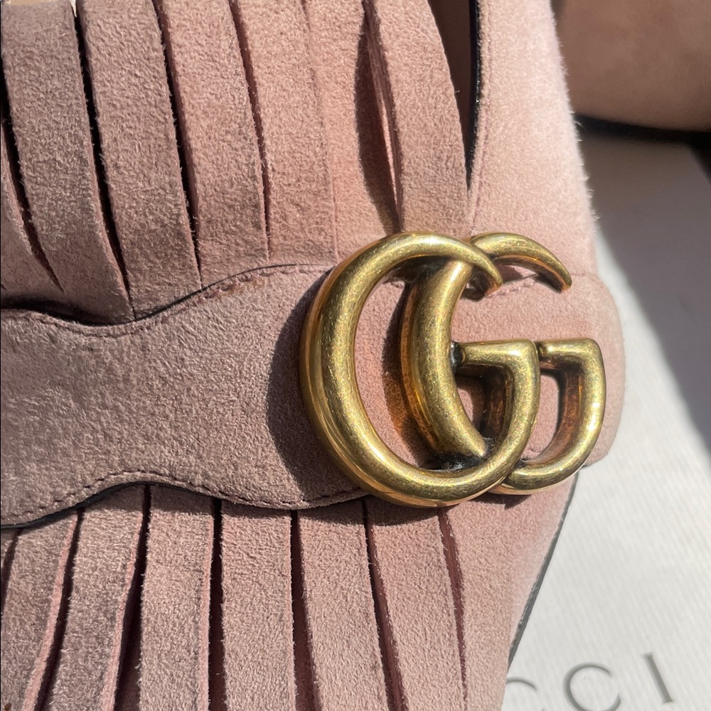 Gucci Mauve Fringe Loafers with Gold Accent/GG Marmont blush suede - Picture 7 of 8